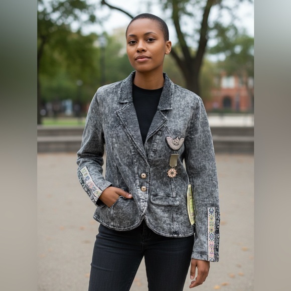 Aratta Silent Journey Jackets & Blazers - ARATTA Silent Journey Vintage Style Black French terry embellished Jacket NWT